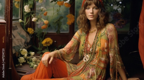 image of a 1970s female bohemian fashion model, copy space, 16:9