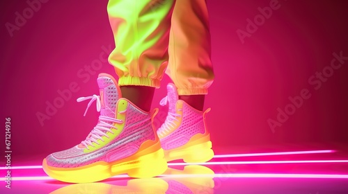 African woman in neon costume and neon shoes, in the style of futuristic pop, luminous color palette