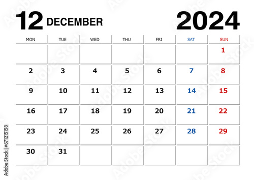 2024年12月のメモが書けるカレンダー月曜始まり