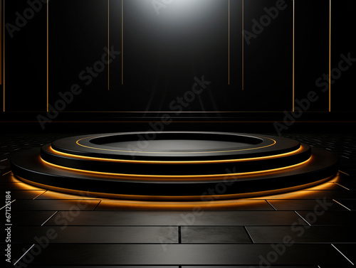 Neon Light round podium and black background for mock up, Black Friday