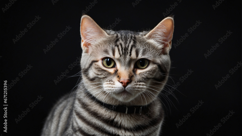 American Shorthair cat isolated on a black background. Backdrop with copy space American Shorthair cat isolated on a black background. Backdrop with copy space