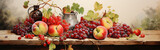 still life with wine and grapes and apples in watercolor painting design