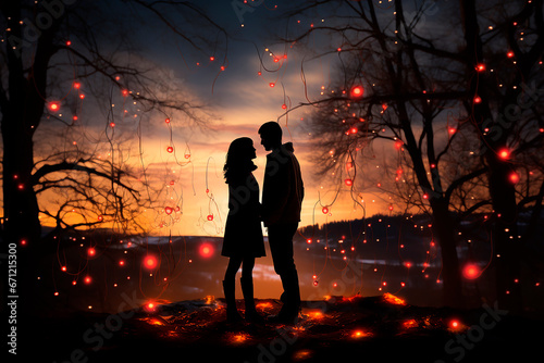 Silhouette of a couple in love against the background of the starry sky. Valentine's Day.