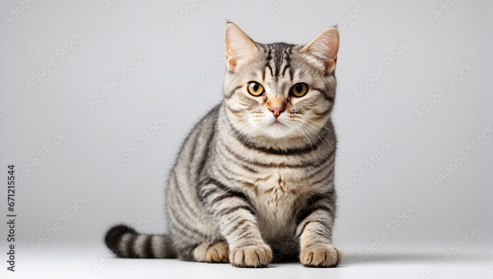 American Shorthair cat isolated on a white background. Backdrop with copy space