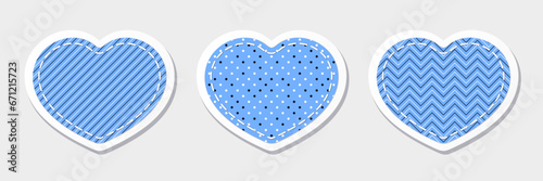 Heart stickers collection. Vector white and blue textile patchwork. Best for web, print and St. Valentine's Day decoration.