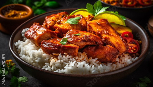Grilled chicken with savory sauce, fresh vegetables, and white rice generated by AI