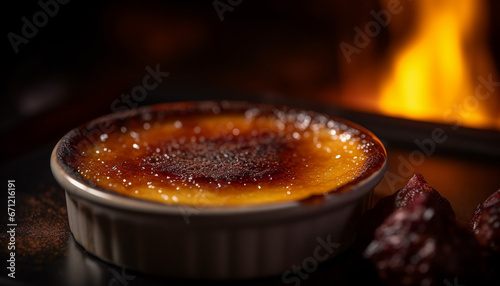 Burnt caramel creme brulee with blueberry and raspberry syrup indulgence generated by AI