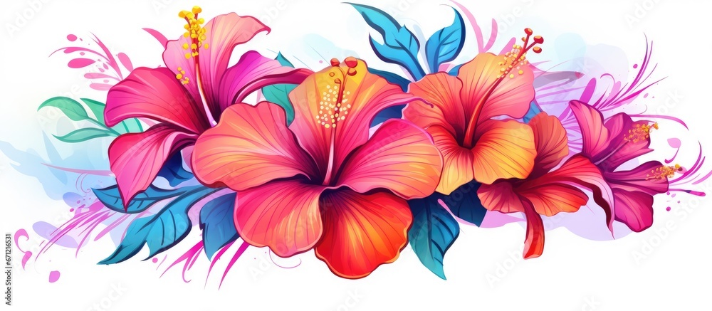 A collection of vibrant tropical hibiscus flowers and lush leaves depicted in a vivid watercolor painting elegantly presented in a separate illustration glowing with neon hues against a whi - obrazy, fototapety, plakaty 