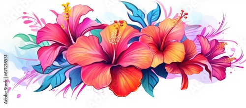 A collection of vibrant tropical hibiscus flowers and lush leaves depicted in a vivid watercolor painting elegantly presented in a separate illustration glowing with neon hues against a whi photo