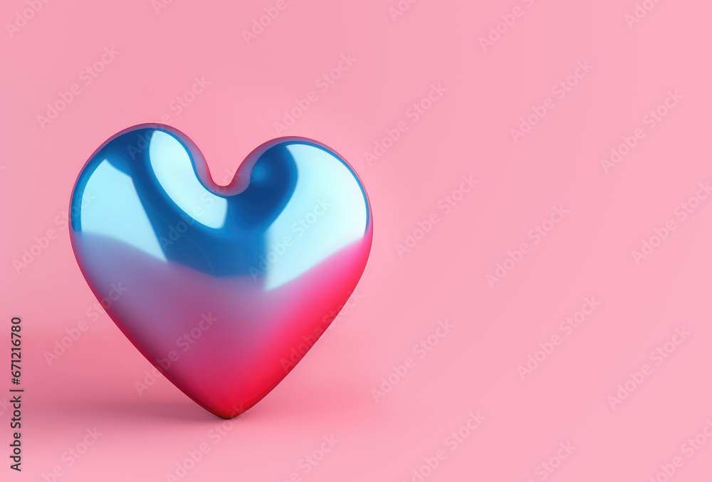 Volumetric Neon heart shape with mirror-smooth surface on pink background