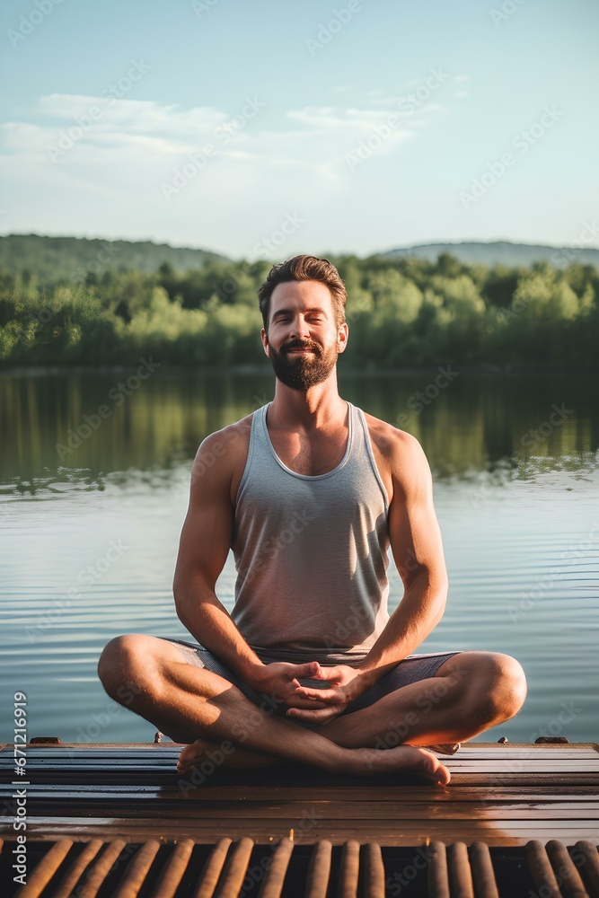 Yoga practitioner in lotus position by a calm lake. a meditator who is comfortably sitting and playing meditation in nature. generative AI