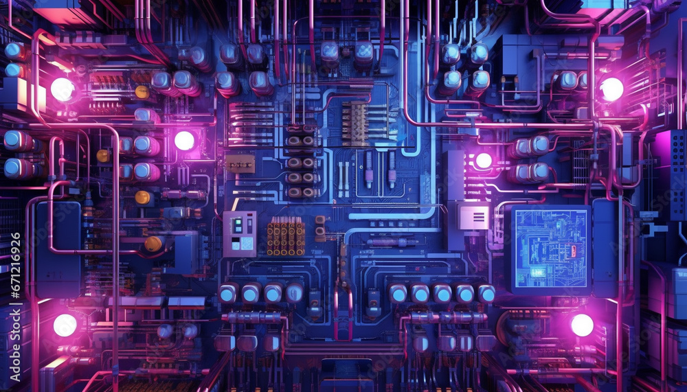 Futuristic computer equipment in a row, digitally generated pattern backdrop generated by AI