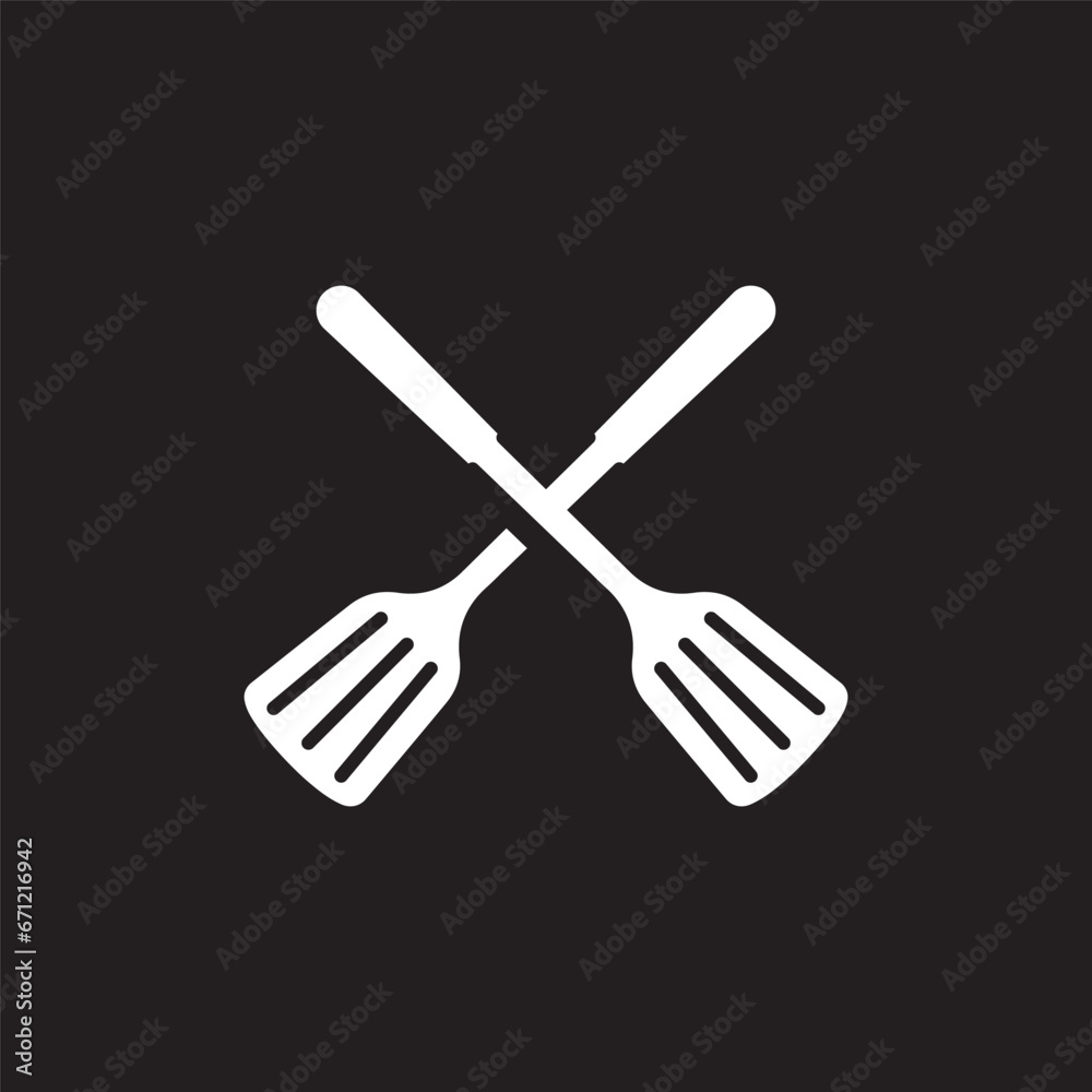 White crossed spatulas icon. BBQ and grill tools. Barbeque cutlery. Kitchen utensil. Party, cuisine, cookery sign. Vector illustration isolated on white. black background White crossed spatulas icon. BBQ and grill tools. Barbeque cutlery. Kitchen utensil. Party, cuisine, cookery sign. Vector illustration isolated on white. black background