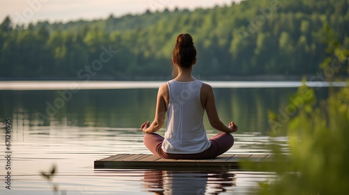 Yoga practitioner in lotus position by a calm lake. a meditator who is comfortably sitting and playing meditation in nature. generative AI © yj