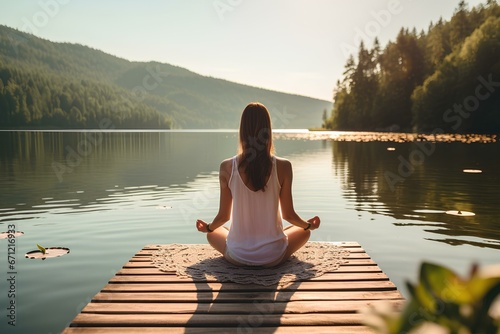 Yoga practitioner in lotus position by a calm lake. a meditator who is comfortably sitting and playing meditation in nature. generative AI © yj