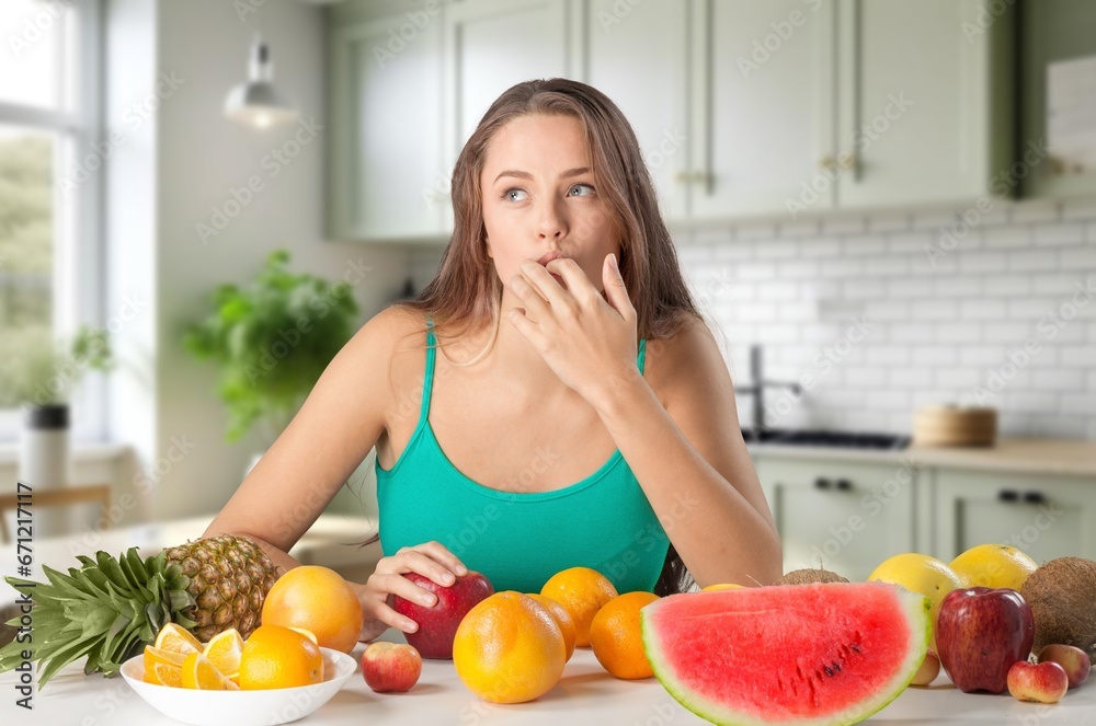 Happy young woman eats fresh fruits, AI generated image