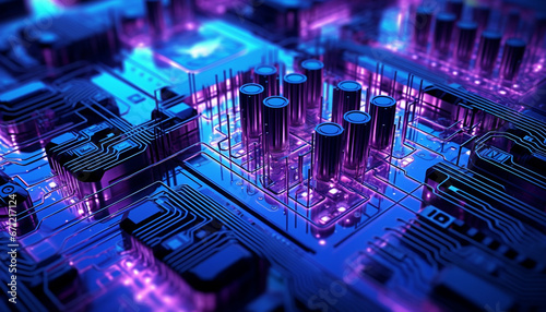 Complex computer circuit board with glowing electrical components and semiconductors generated by AI