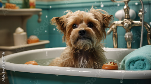 A brown dog sits in a bathtub full of water
