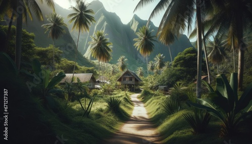 Peaceful path in a lush tropical area. The path leads to a secluded house under tall mountains.