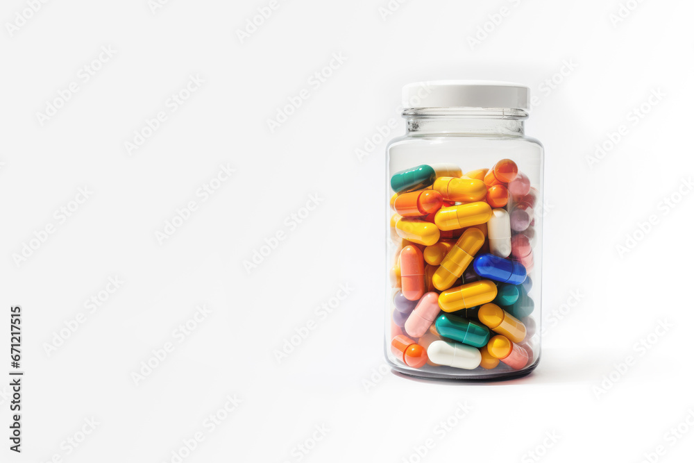 Colorful capsules of medicine in a clear jar. Jar with capsules on white background Colorful capsules of medicine in a clear jar. Jar with capsules on white background