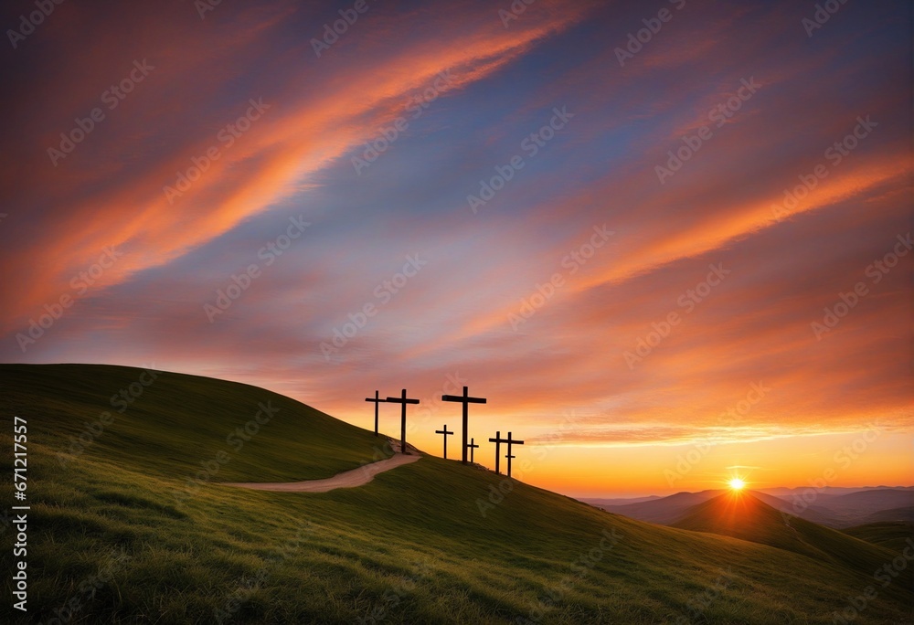 Obraz premium hiking path with crosses and a beautiful sky