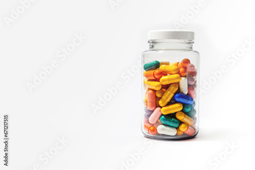 Colorful capsules of medicine in a clear jar. Jar with capsules on white background