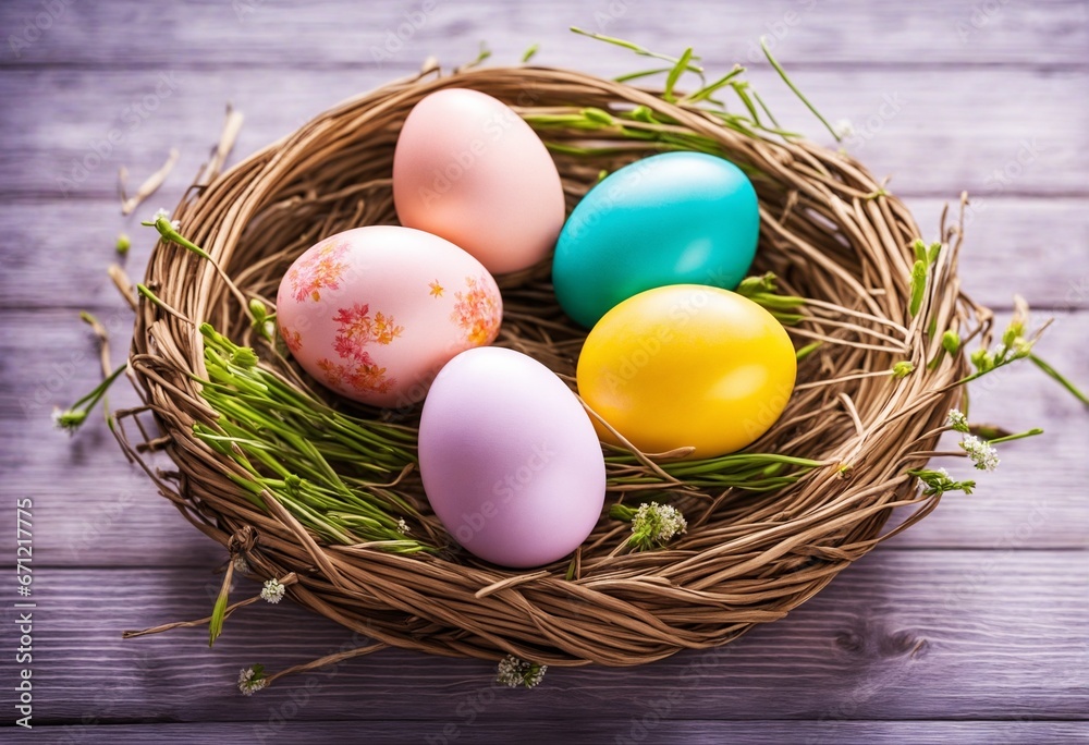 colourful easter eggs in an easter basket colourful easter eggs in an easter basket