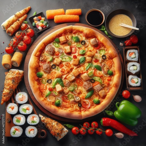 Pizza and sushi rolls tempura and bake rolls on the background of ingredients .Pizza, sushi food photo for menu. Combo set of rolls and pizza.