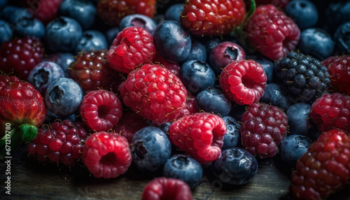 A heap of fresh, ripe berry fruit on a wooden table generated by AI