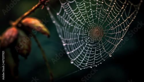 Spooky spider spins dewy web, capturing beauty in nature season generated by AI
