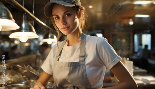 Young woman, confident barista, owner of a small coffee shop generated by AI