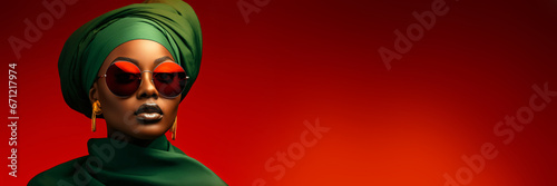 portrait of a black woman with green turban and sunglasses in front of a red background with copy space photo