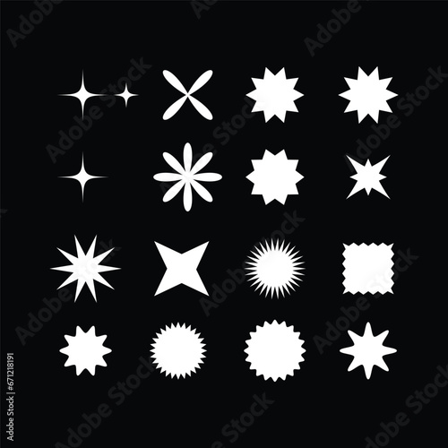 Retro stars, sunburst symbols. Vintage sunbeam icons. White shopping labels, sale or discount stickers, black background Vector illustration

