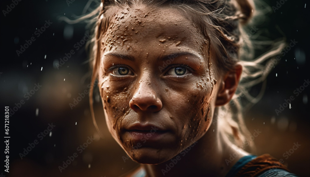 Beautiful young woman enjoys summer rain, smiling at camera outdoors generated by AI Beautiful young woman enjoys summer rain, smiling at camera outdoors generated by AI