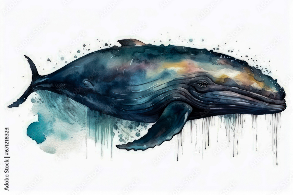 Obraz premium Watercolor drawing of a large whale. Generative AI.