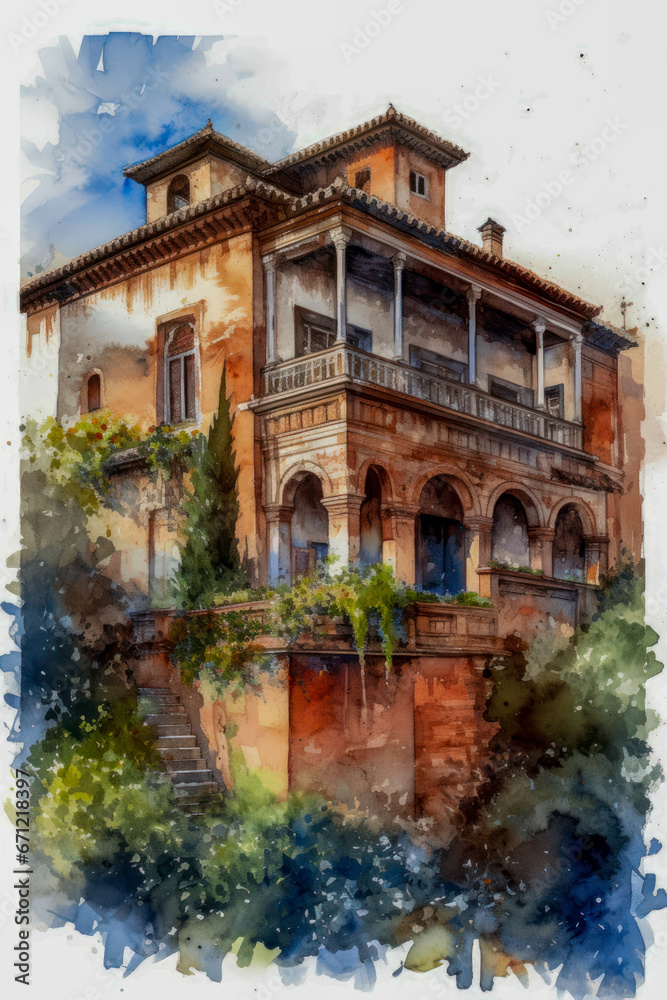 Watercolor drawing of the Alhambra in Granada. Generative AI.