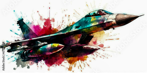 Watercolor drawing of a modern fighter-bomber aircraft. Generative AI.