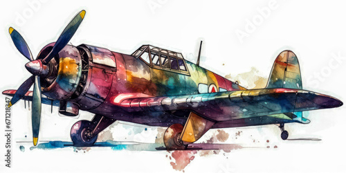 Print op canvas Watercolor drawing of a fighter plane from World War II