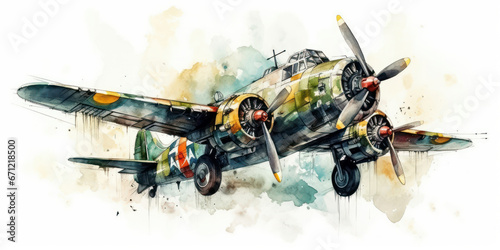 Watercolor drawing of a World War II bomber plane. Generative AI.