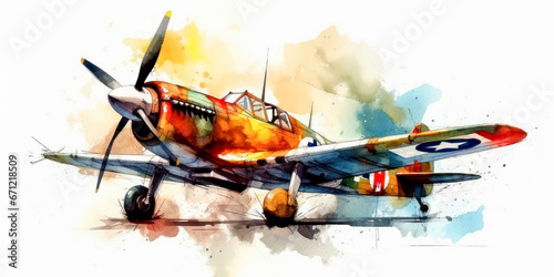 Watercolor drawing of a fighter plane from World War II. Generative AI. photo