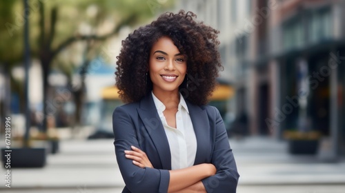 Young happy pretty smiling professional business black woman, happy confident positive female entrepreneur standing outdoor on street arms crossed, looking at camera generative ai
