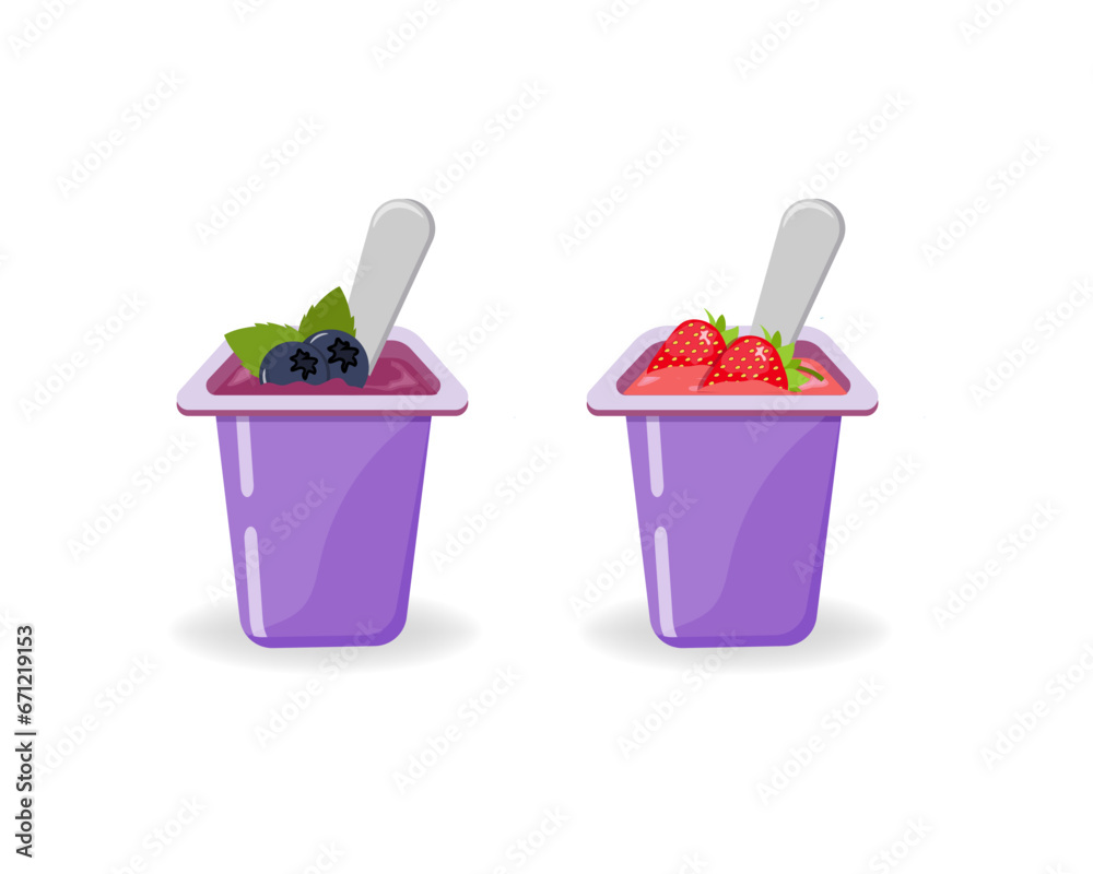 Yogurt food icon. Milk yoghurt. Cream dessert set. Cartoon vector illustration. Sweet yougurt with blackberry, strawberry, taste in plastic cup packaging. Isolated on white background