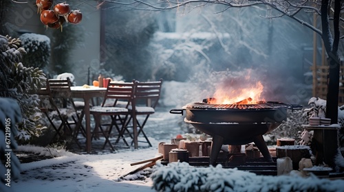 A cozy winter BBQ in a home garden. Christmas season food preparation outdoors amidst the chilly weather. The snowcovered surroundings add a festive touch to the grilling experience.