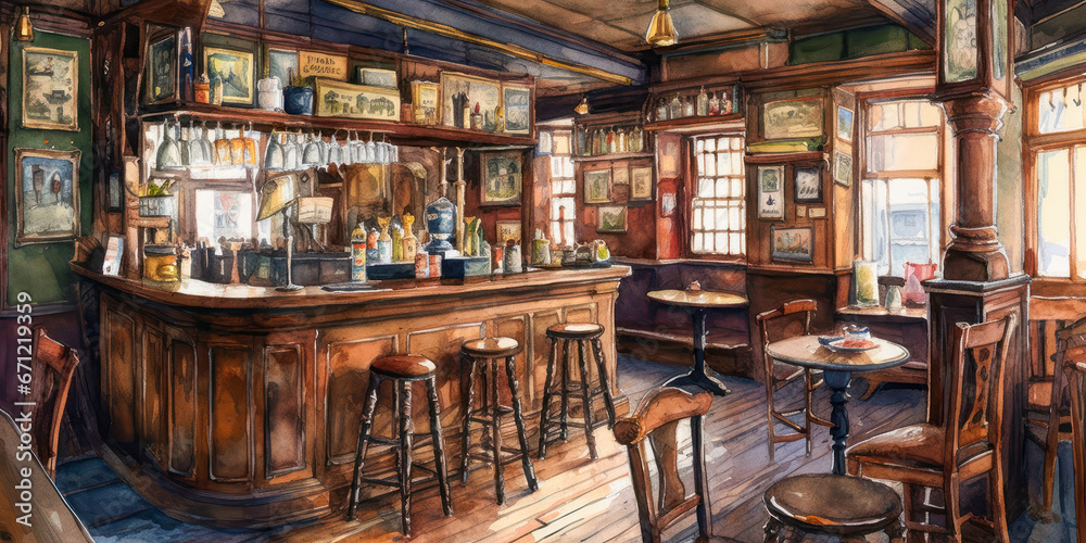 Watercolor drawing of the interior of a bar. Generative AI.