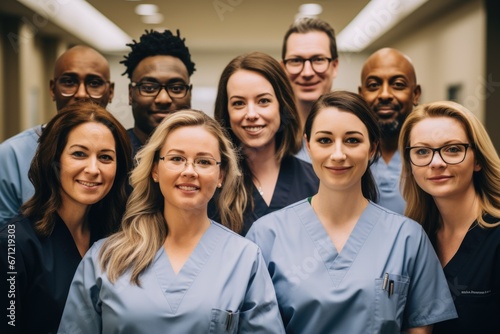 A diverse medical team, comprised of doctors, nurses, support staff from various backgrounds, stands confidently in a hospital room, symbolizing the unity and diversity of healthcare professionals.