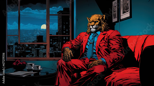 a lion in a suit sitting on a couch, comic style