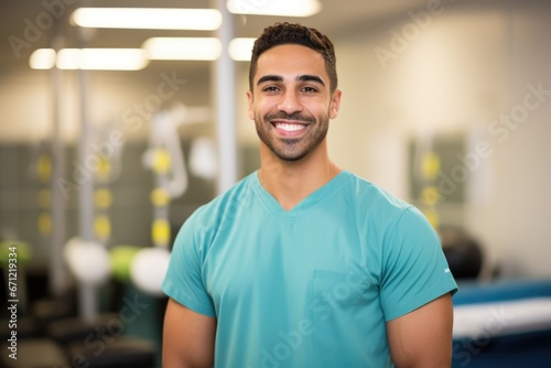 A male physiotherapist, a young man, wearing a medical uniform in a physiotherapy setting, projects confidence and exactness in his professional duties.