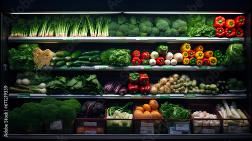 Healthy diet food in a grocery store. Variety of colorful vegetables, leafy greens, and legumes, all essential for a balanced and nutrient rich diet. Healthy and fresh eating habits. photo
