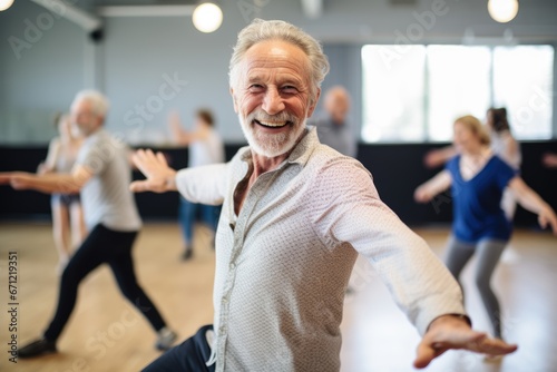 An elderly man, happily smiling, participating in an energetic dance class during a dance session.