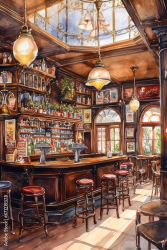 Watercolor drawing of the interior of a bar. Generative AI.